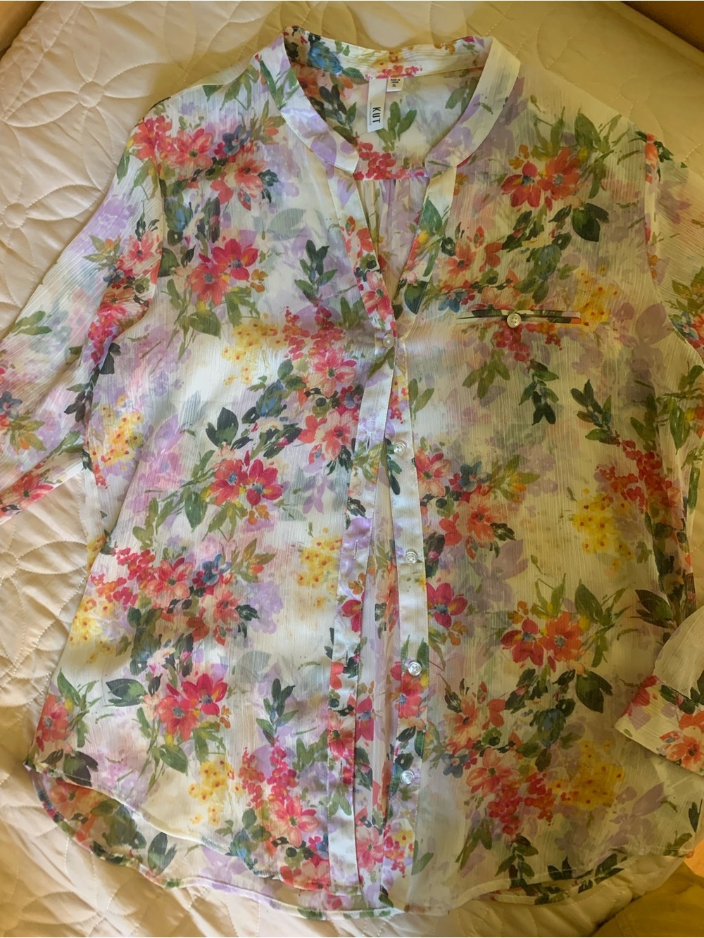 Kut from the Kloth Floral Button-Up Blouse in White with Pink, Green & Yellow - Picture 5 of 7
